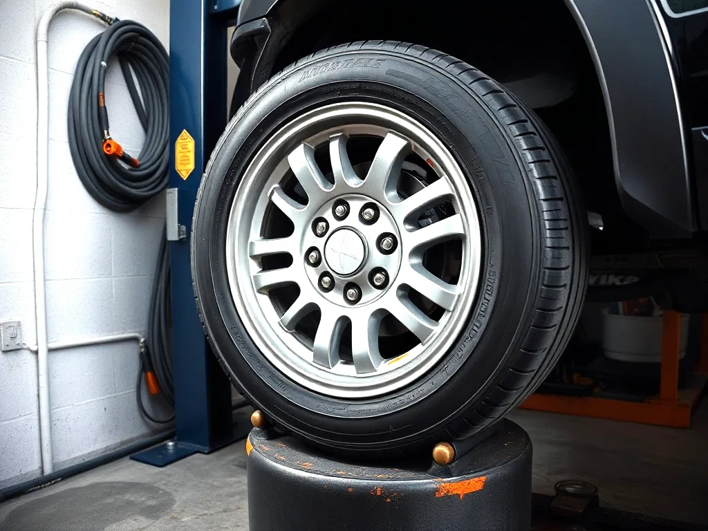 A wheel and tire mounted on a balancing machine in a service bay, air hose coiled on the block wall behind it.