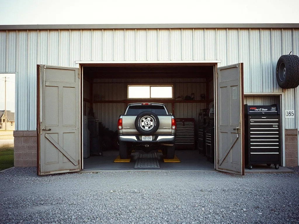 The open bay doors of a metal shop building seen from the gravel lot, a pickup raised on a lift inside with tool chests along the wall.