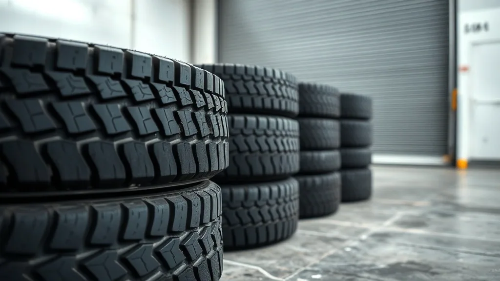 A close crop of stacks of new light truck tires standing on a concrete shop floor, deep tread blocks, a roll up bay door out of focus behind.