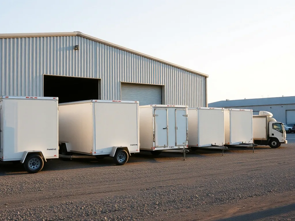 A line of plain white cargo trailers and a small box truck parked on a gravel lot beside a metal shop building in early morning light.